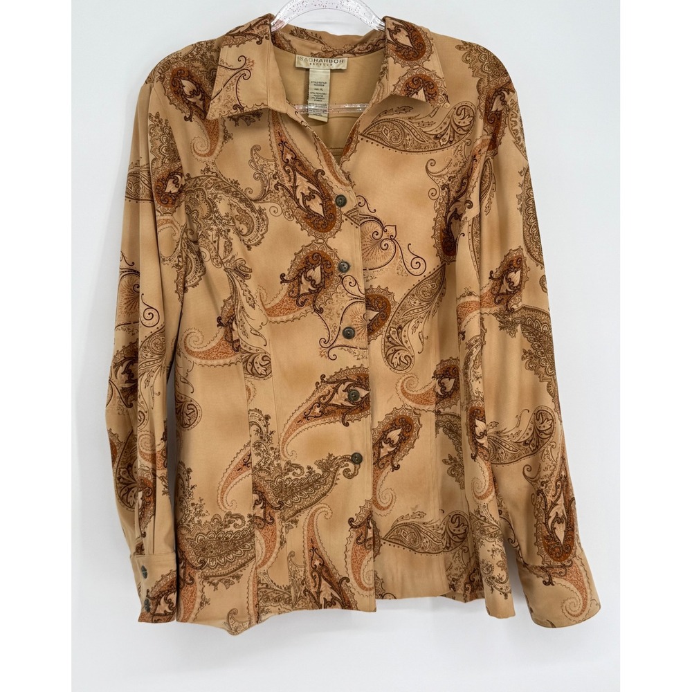 Sag Harbor Stretch Womens Paisley‎ Button Up Shirt Tan Brown Long Sleeve Sz XL